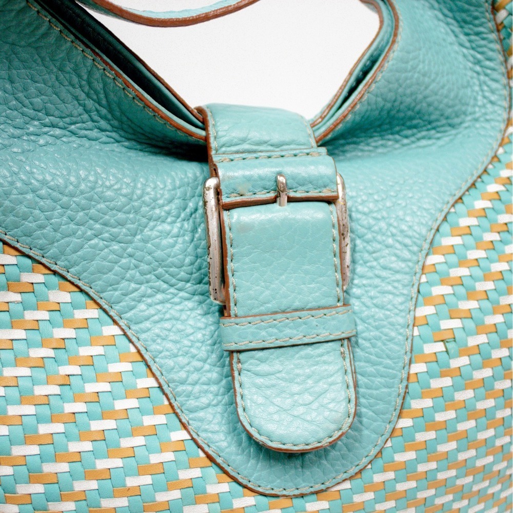 Vintage Michael Kors Hobo Shoulder Bag Woven Turquoise Leather Purse & Dust Bag - Picture 9 of 14